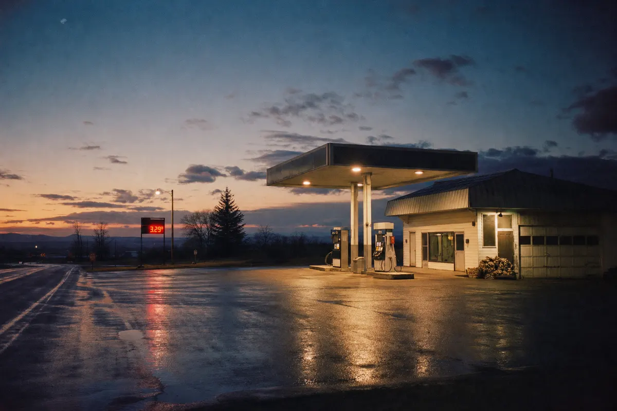 35mm film photo of a gas station at dusk, canopy lights glowing over wet asphalt against a deep blue sky