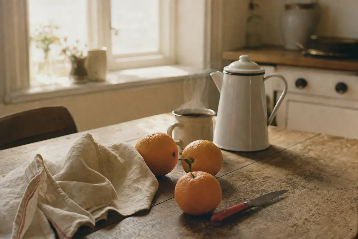 35mm film photo of a kitchen still life in morning light: oranges, an enamel coffee pot, and folded linen on a worn wooden table