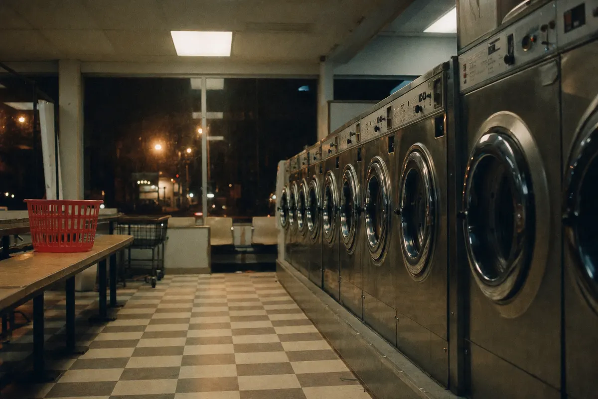 35mm film photo of an empty late-night laundromat, round washer doors and a red laundry basket under mixed fluorescent light