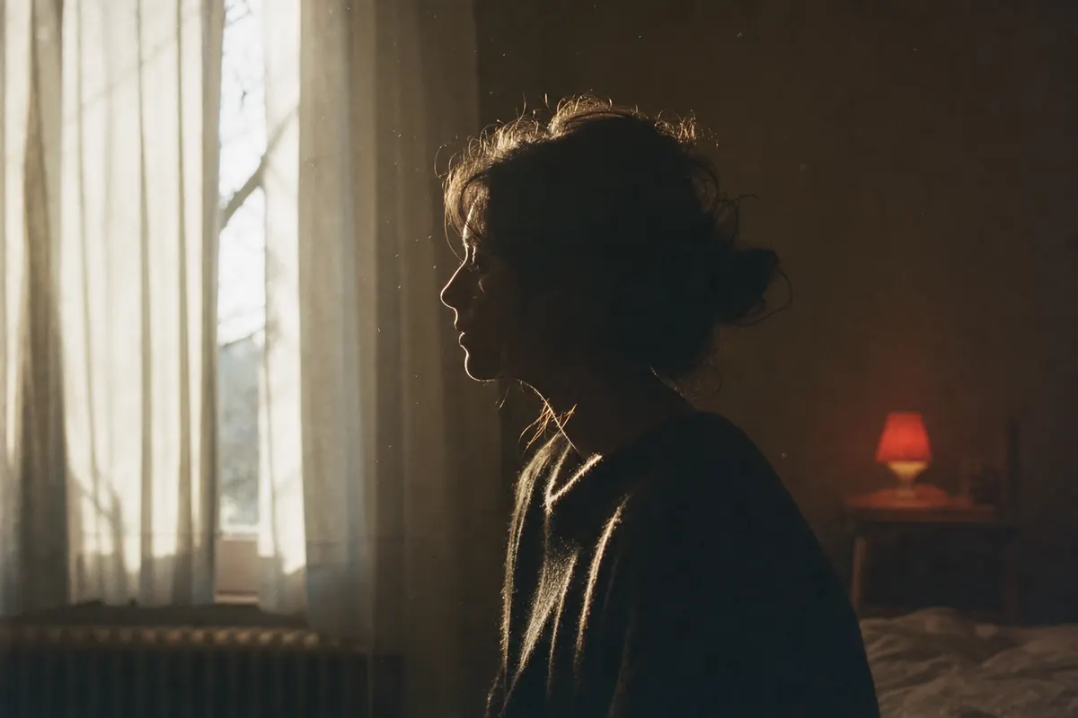 35mm film photo of a person in profile silhouette against a bright curtained window, dust in the light beam