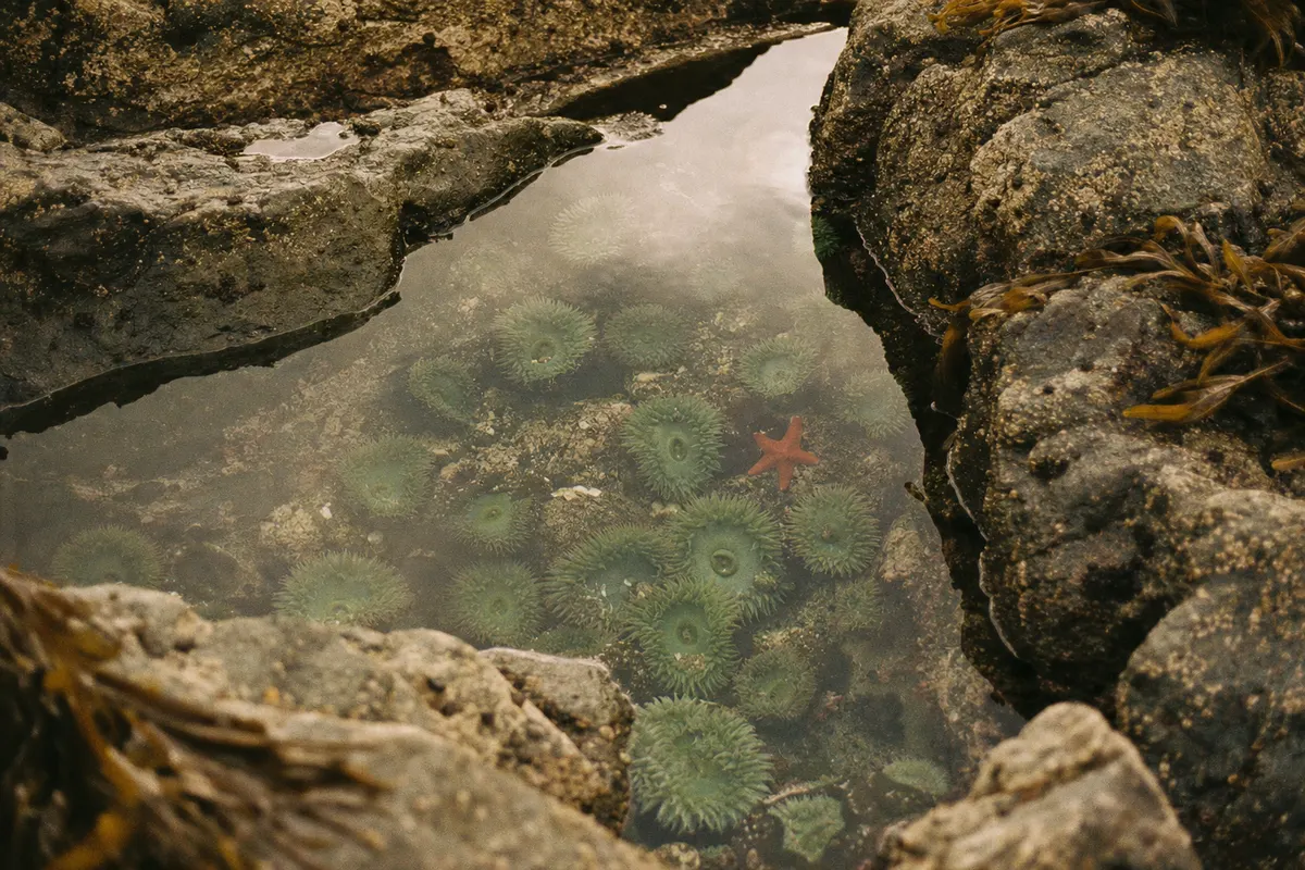 35mm film photo of a rocky tide pool at low tide, shallow water reflecting an overcast sky, one small red starfish