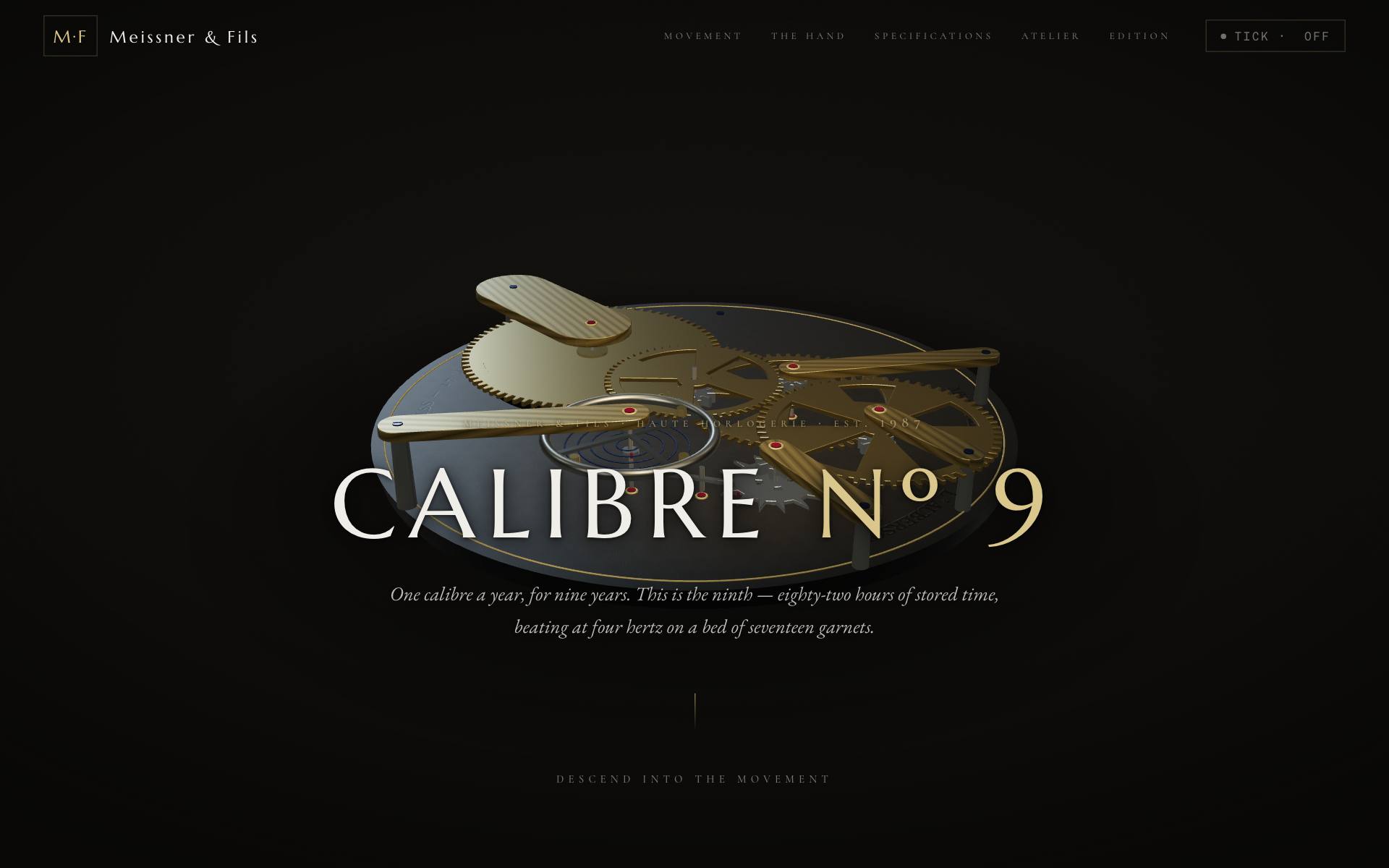Meissner & Fils — procedural three.js watch movement on velvet