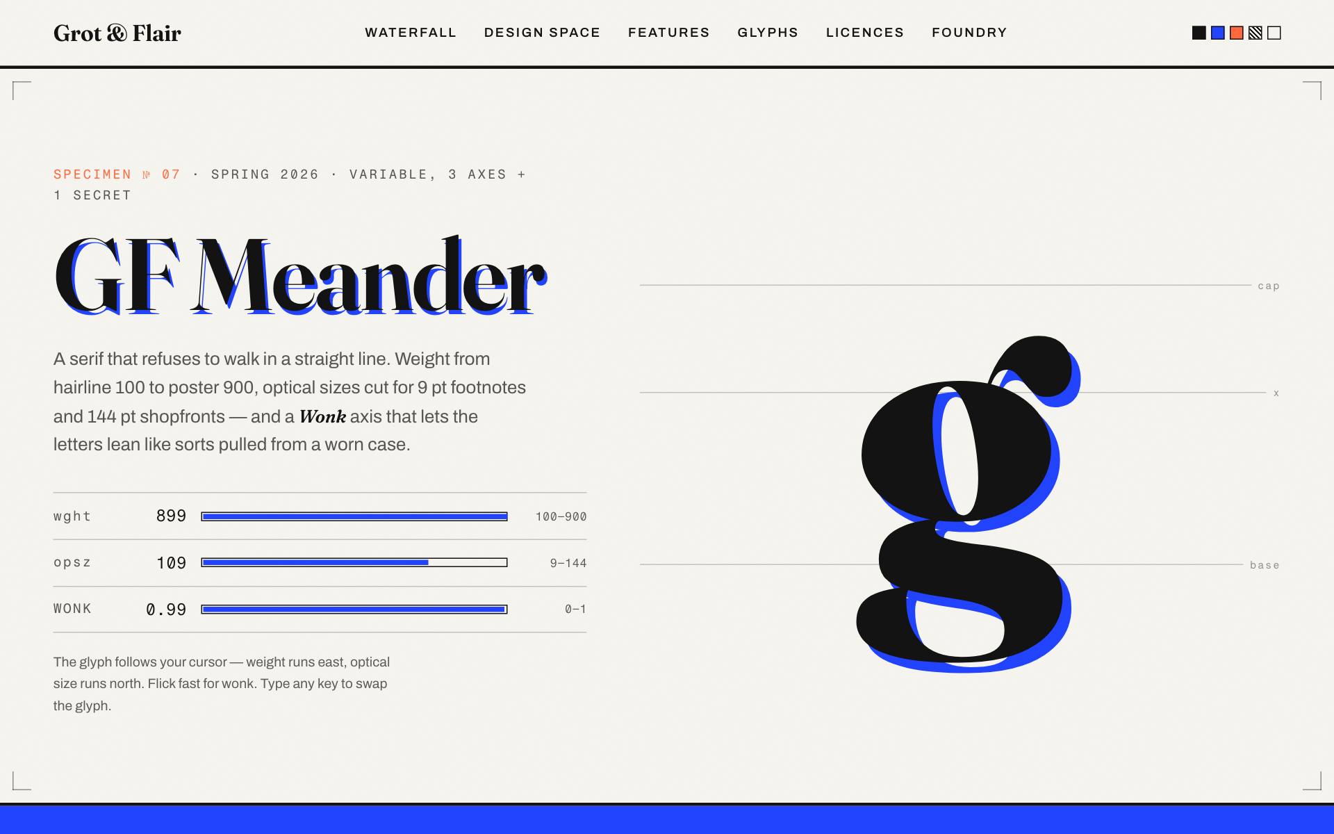 Grot & Flair type foundry — giant variable glyph specimen
