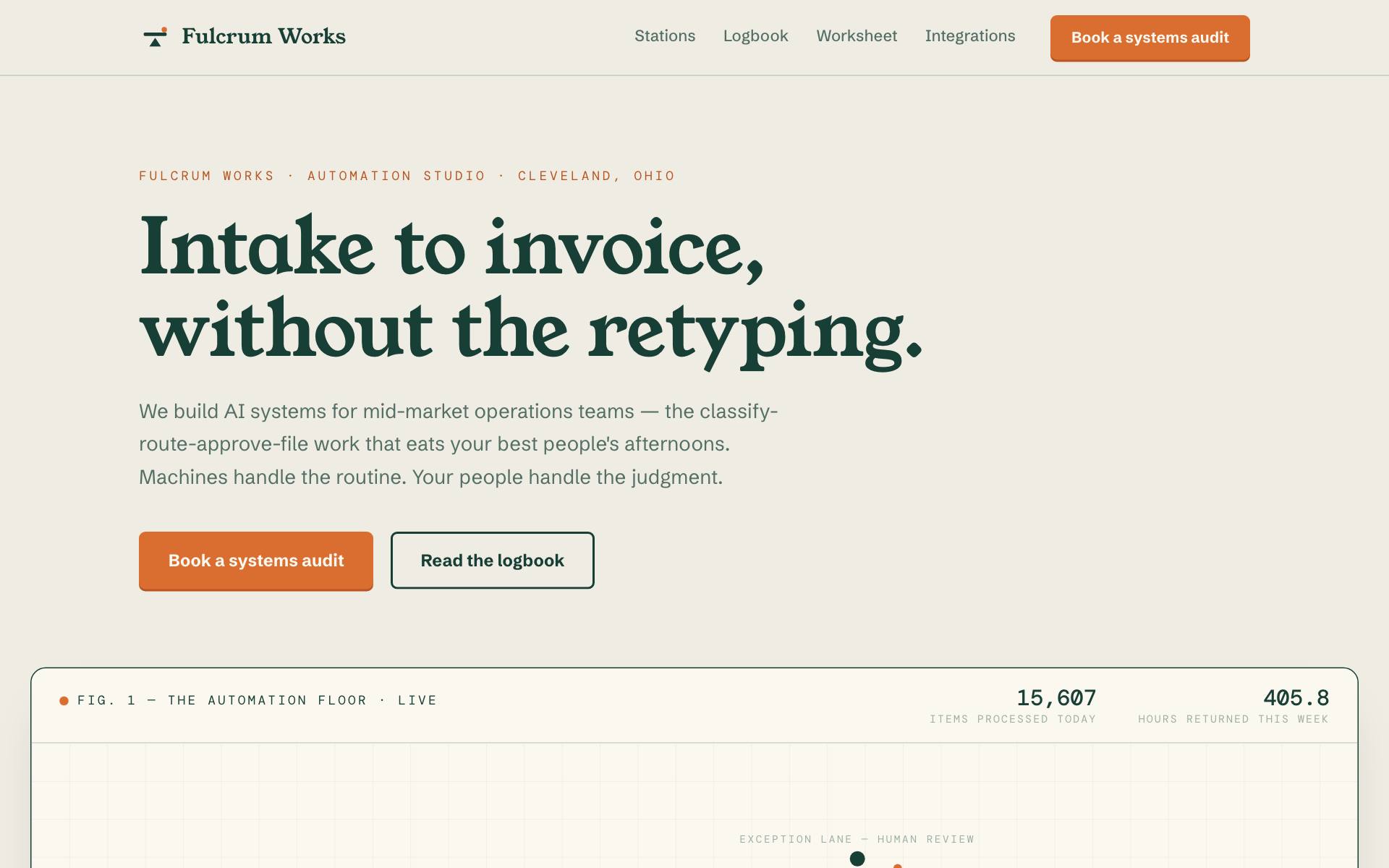 Fulcrum Works — live SVG automation floor with document conveyors