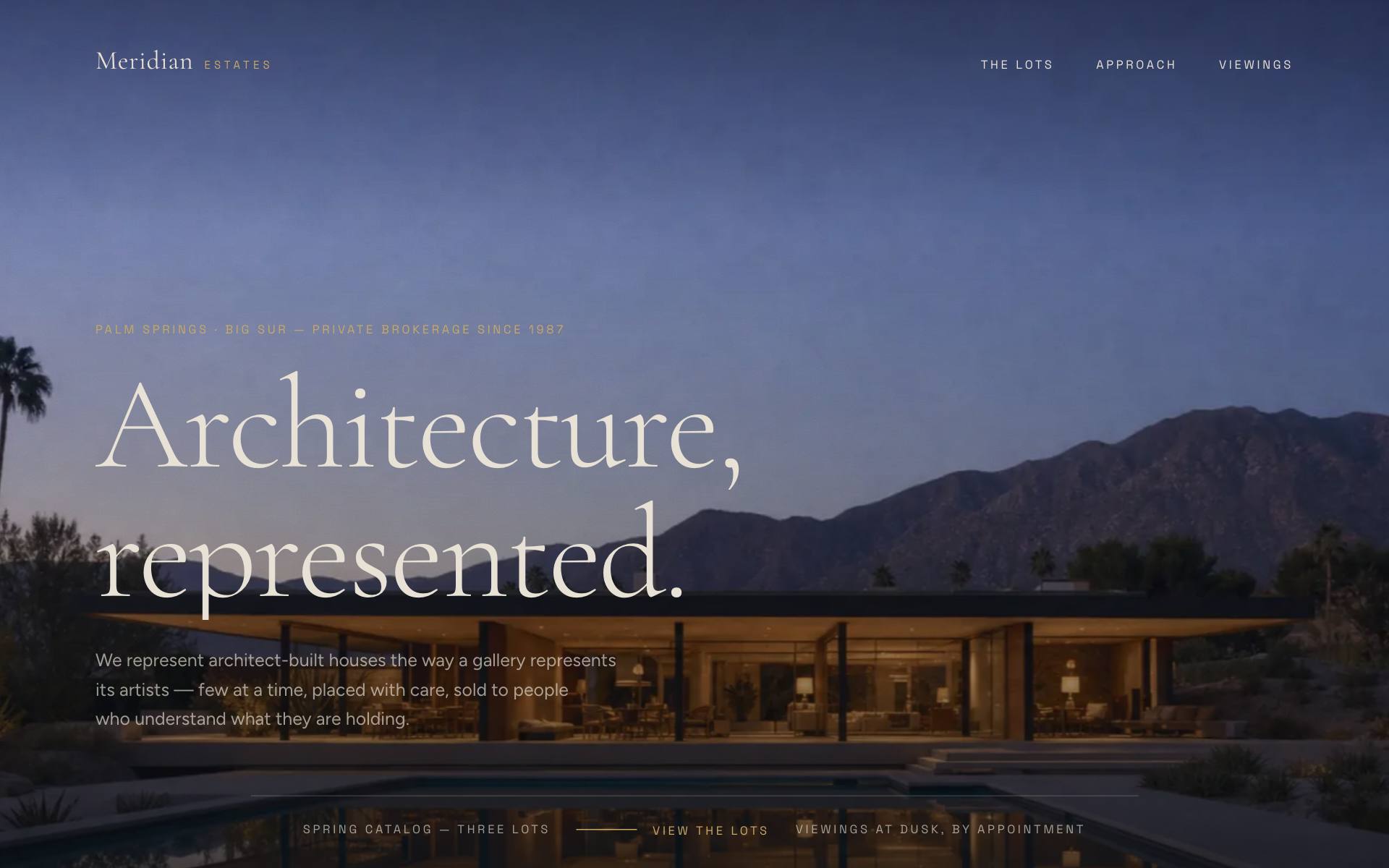 Meridian Estates — modernist house at dusk, auction-catalog listing site