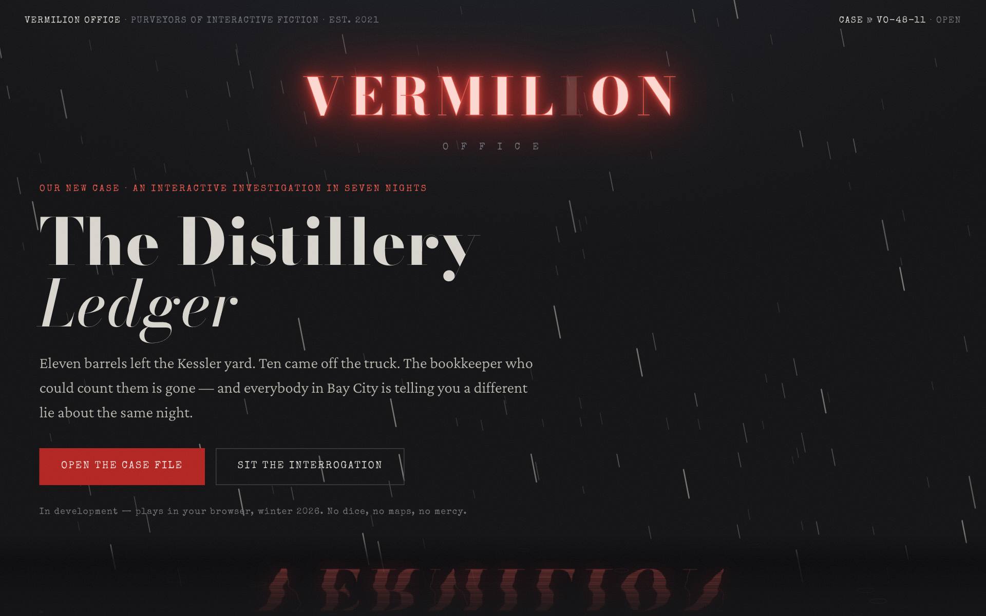 Vermilion Office — rain-soaked noir case file with neon sign