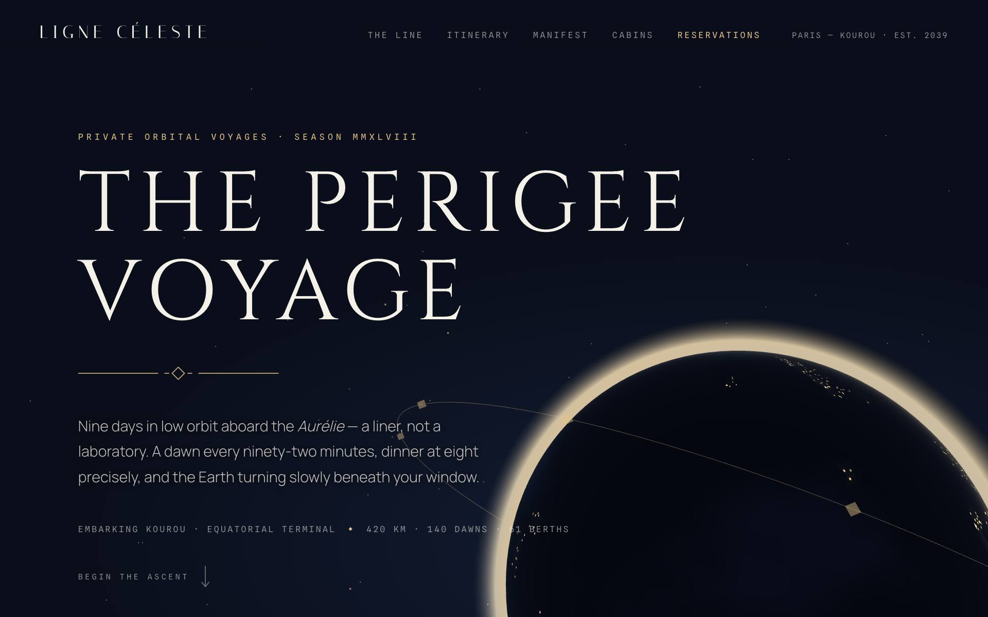 Ligne Céleste — procedural Earth from orbit, art-deco spaceflight