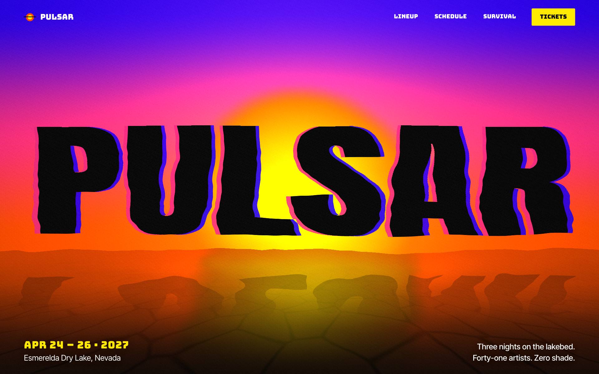 PULSAR festival — heat-mirage desert sun shader with kinetic lineup