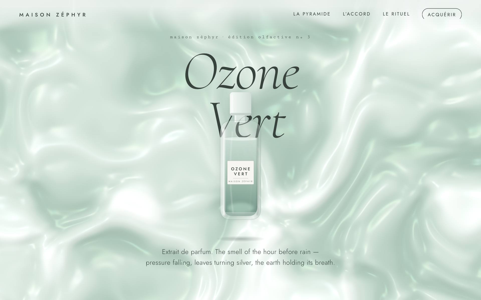 Maison Zéphyr — iridescent silk shader with glass flacon