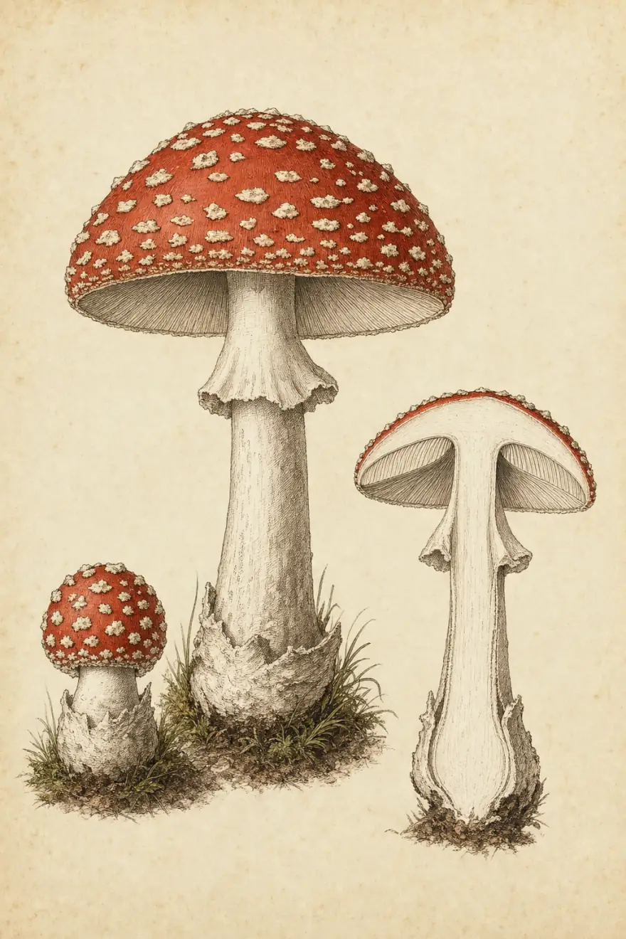 Hand-tinted engraving of Amanita muscaria, the fly agaric, showing a mature scarlet cap flecked with white, a young button, and a cross-section.