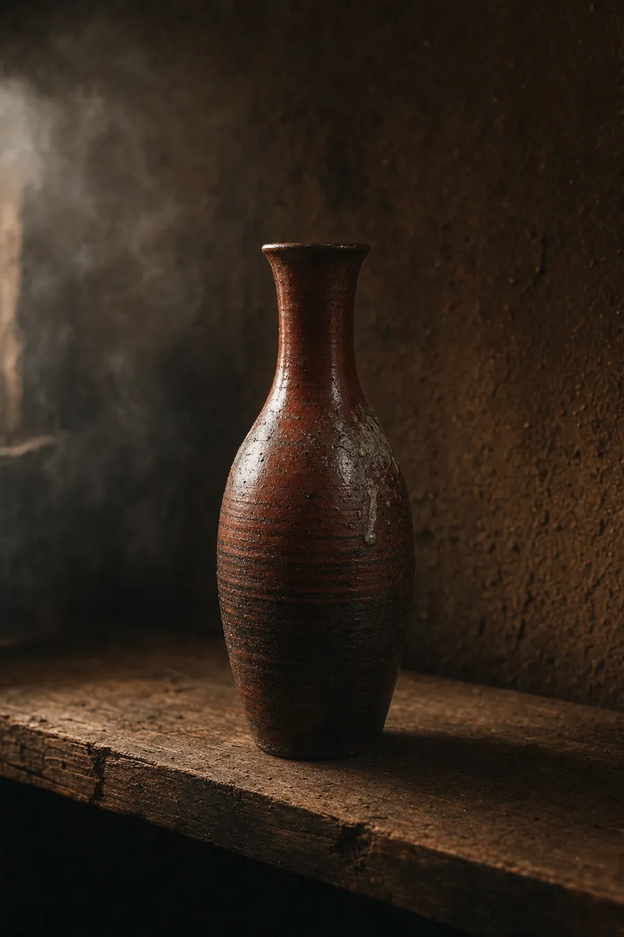 Tall narrow-necked stoneware bottle in deep iron-red glaze breaking to black on the throwing ridges