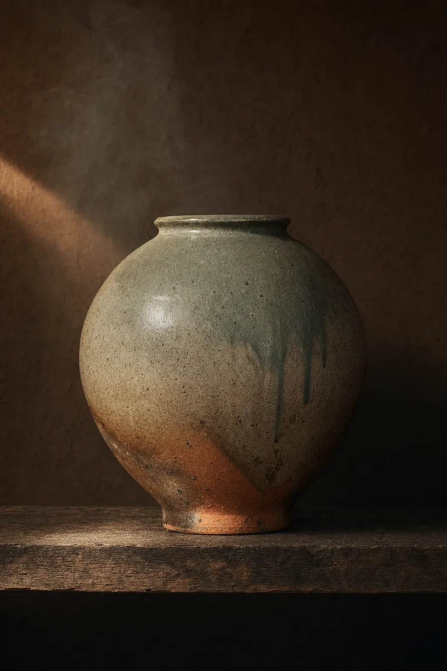 Large wood-fired moon jar with grey-green ash glaze dripping down one shoulder and orange flame flashing near the foot