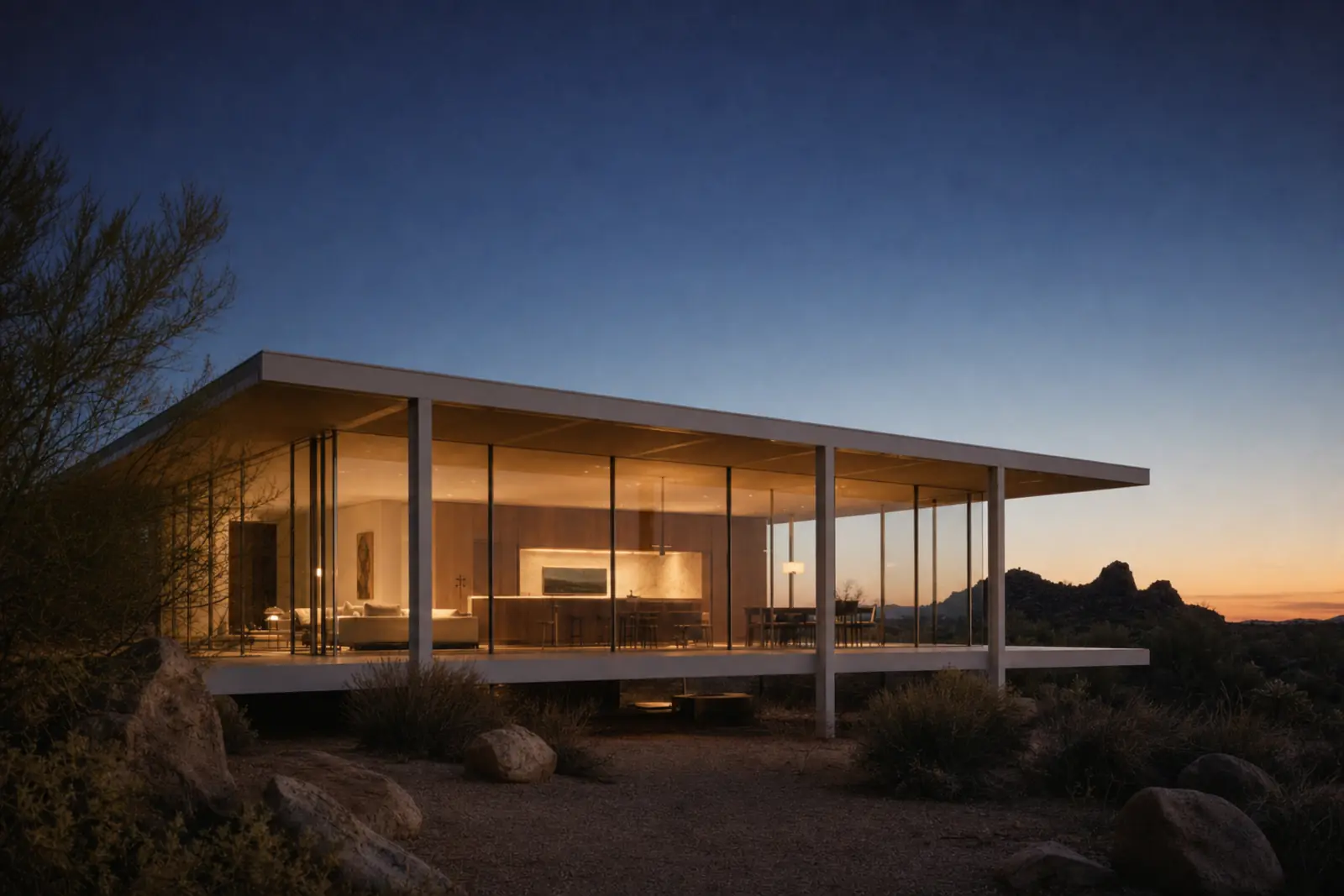 Sightline House: a steel-and-glass pavilion glowing warm at dusk above the desert floor, boulders and brush in the foreground.
