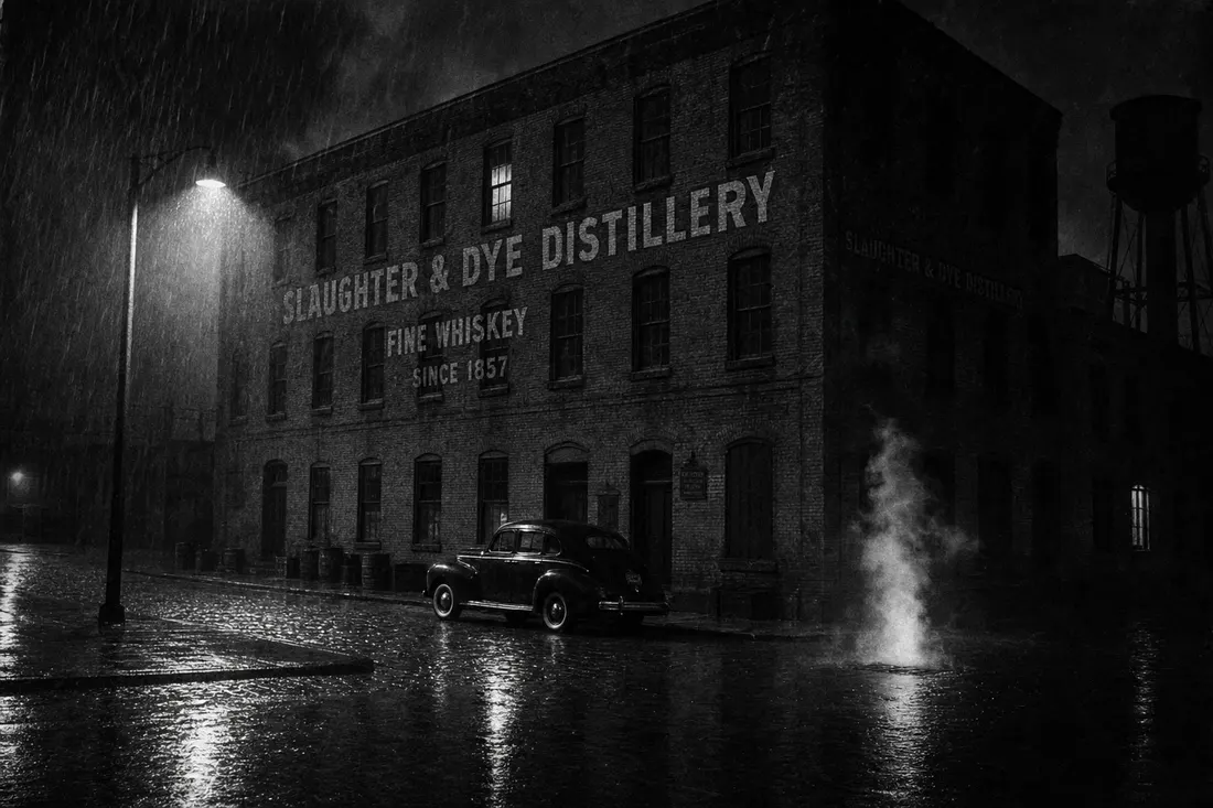 Grainy black-and-white night photograph of the distillery yard in pouring rain, one window lit
