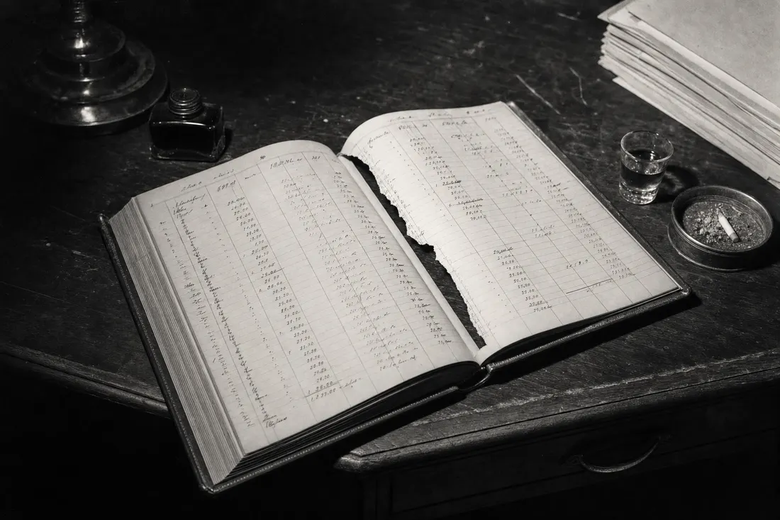 Black-and-white evidence photograph of a leather accounting ledger open on a desk, one page torn out