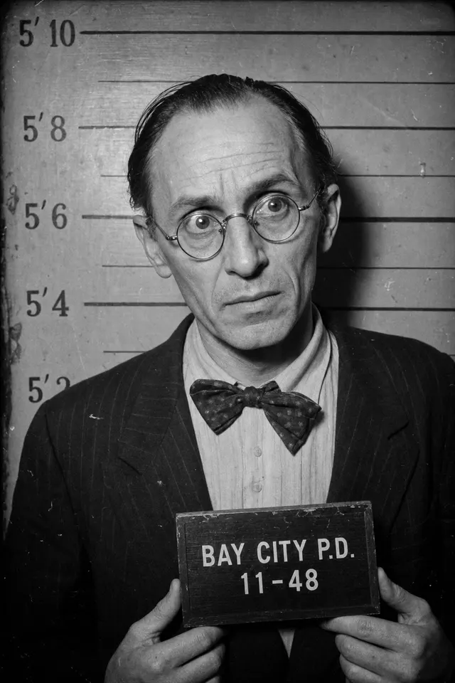 1948 booking photograph of Elias Crane, a slight man in wire spectacles and a bow tie