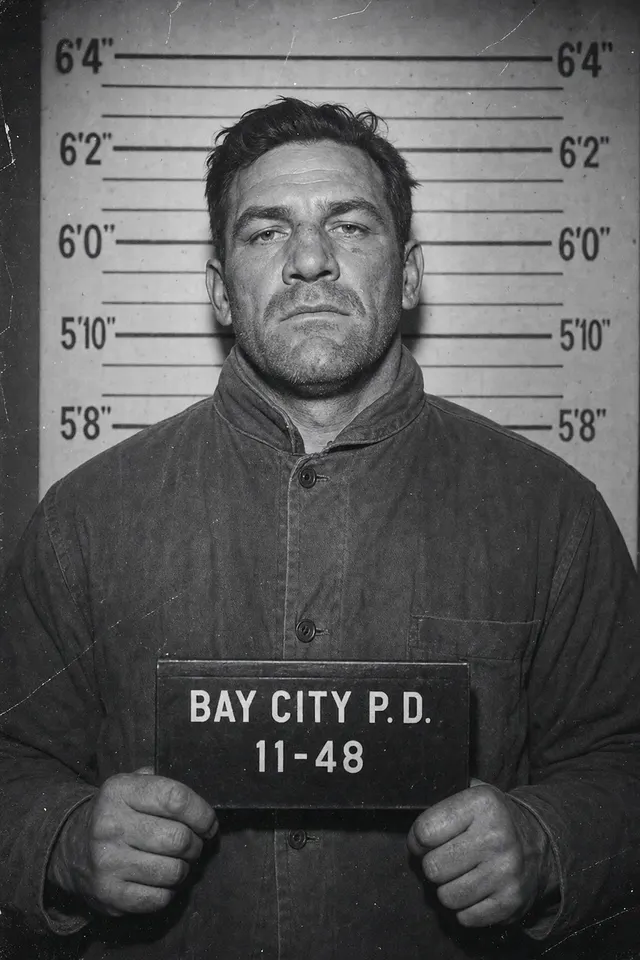 1948 booking photograph of Marlon Quinn, a broad-shouldered foreman with a boxer's nose