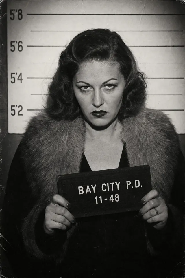 1948 booking photograph of Vera Kessler, a woman in a fur-collared coat staring down the camera
