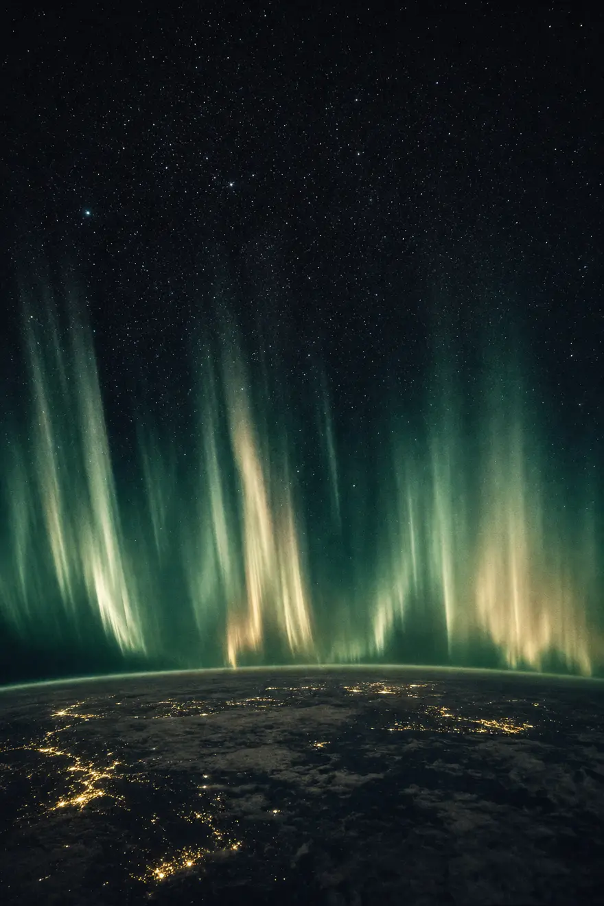 The aurora australis seen from above: tall green and gold curtains of light standing over the night side of Earth